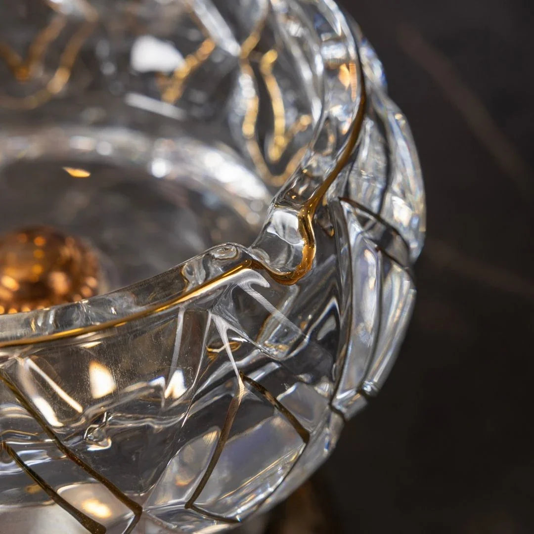 Crystal Glass Ashtray, Gold Detail, Footed - 15 cm