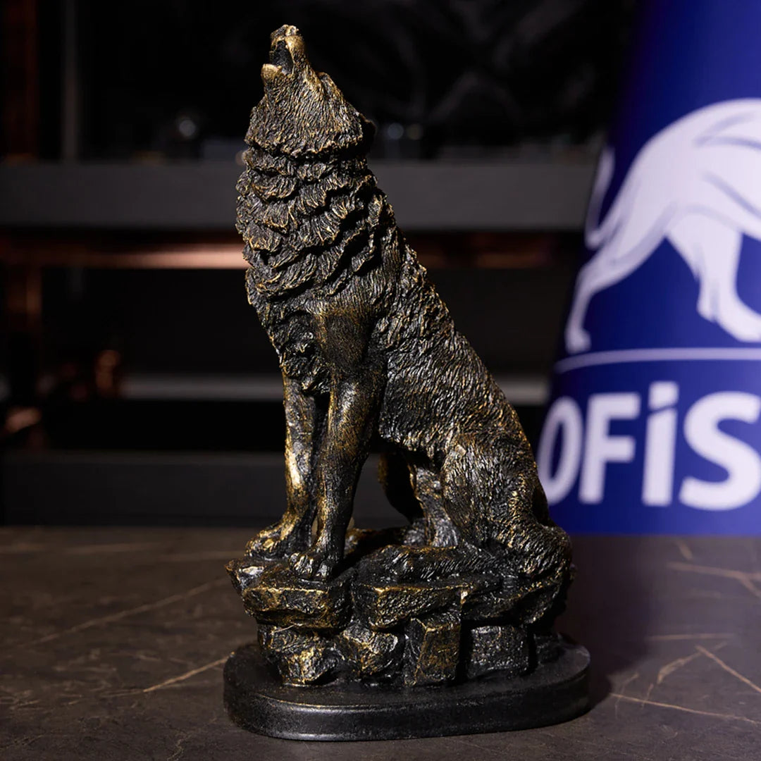 Howling Wolf Figurine Antique Black 25 cm - Decorative Office Desktop Figure
