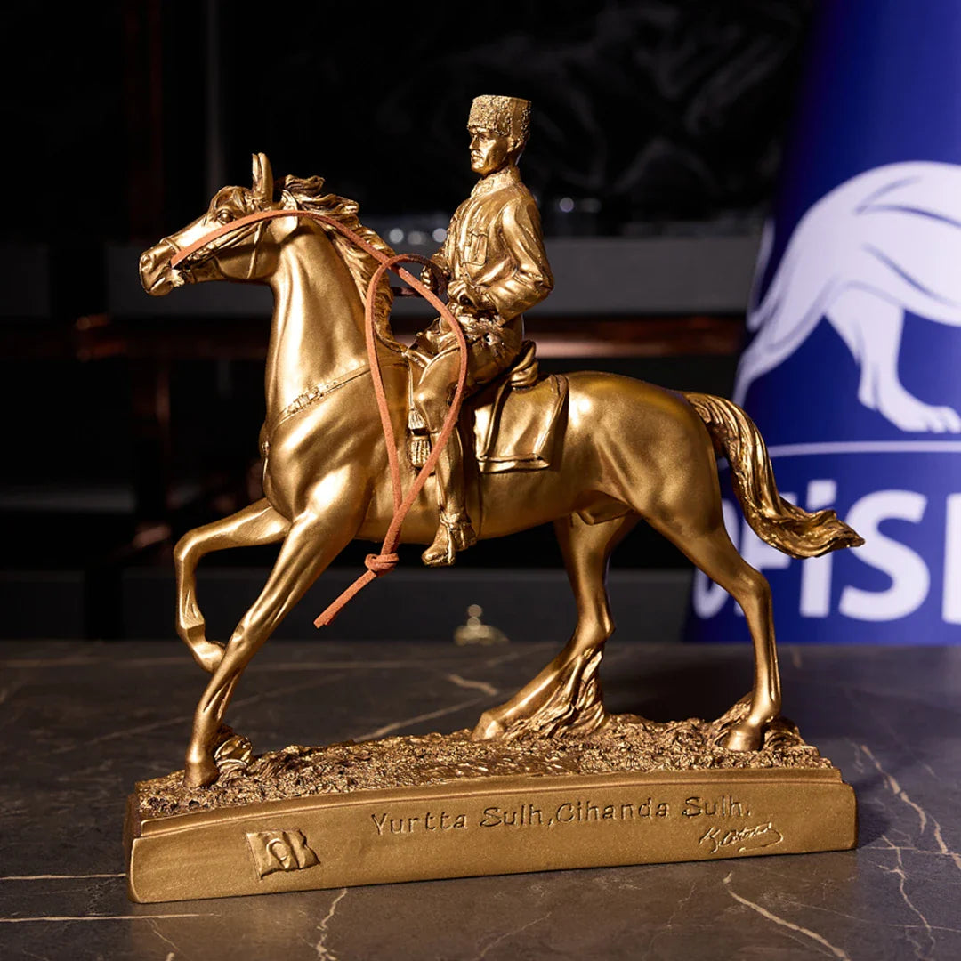 Atatürk on Horseback Figurine – Gold | "Peace at Home, Peace in the World"