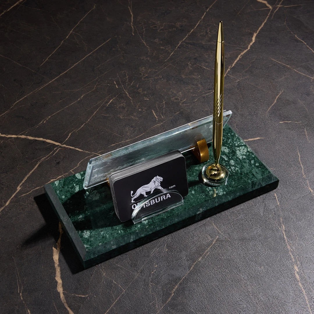 Emerald Green Marble Desk Nameplate - Office Set with Gold Pen Holder & Business Card Holder