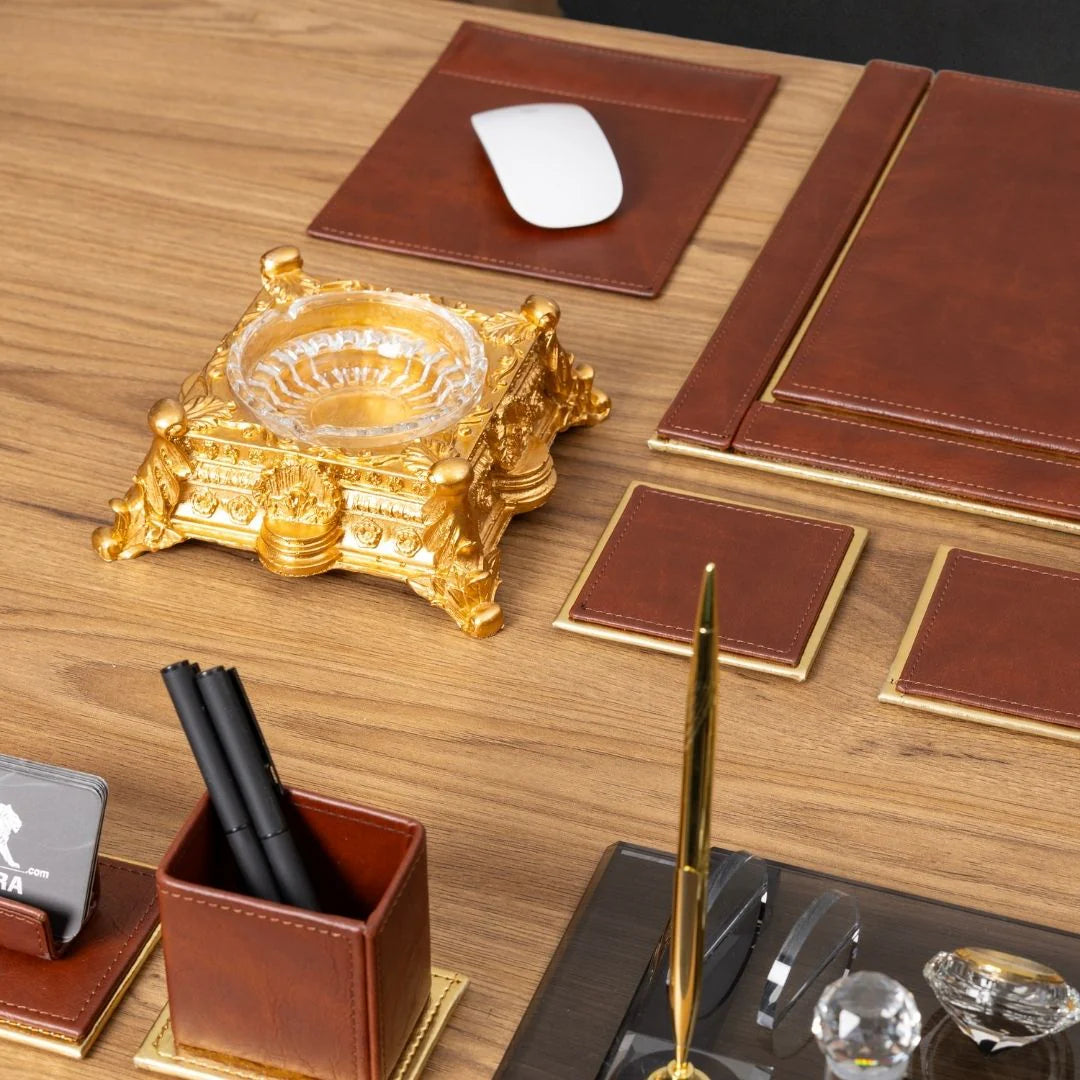 Tan & Gold Leather 14-Piece Premium Desk Set