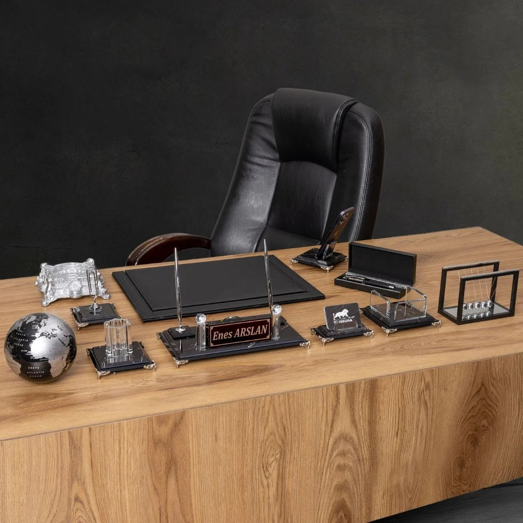 Zebra Black | 12-Piece Crystal Desk Set & Nameplate Set