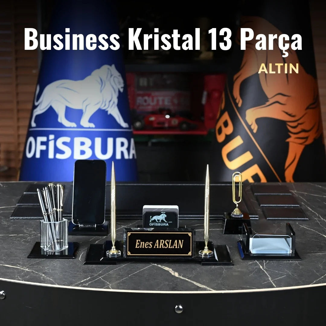 VIP 13-Piece Crystal Desk Set & Nameplate Set - Gold Accents