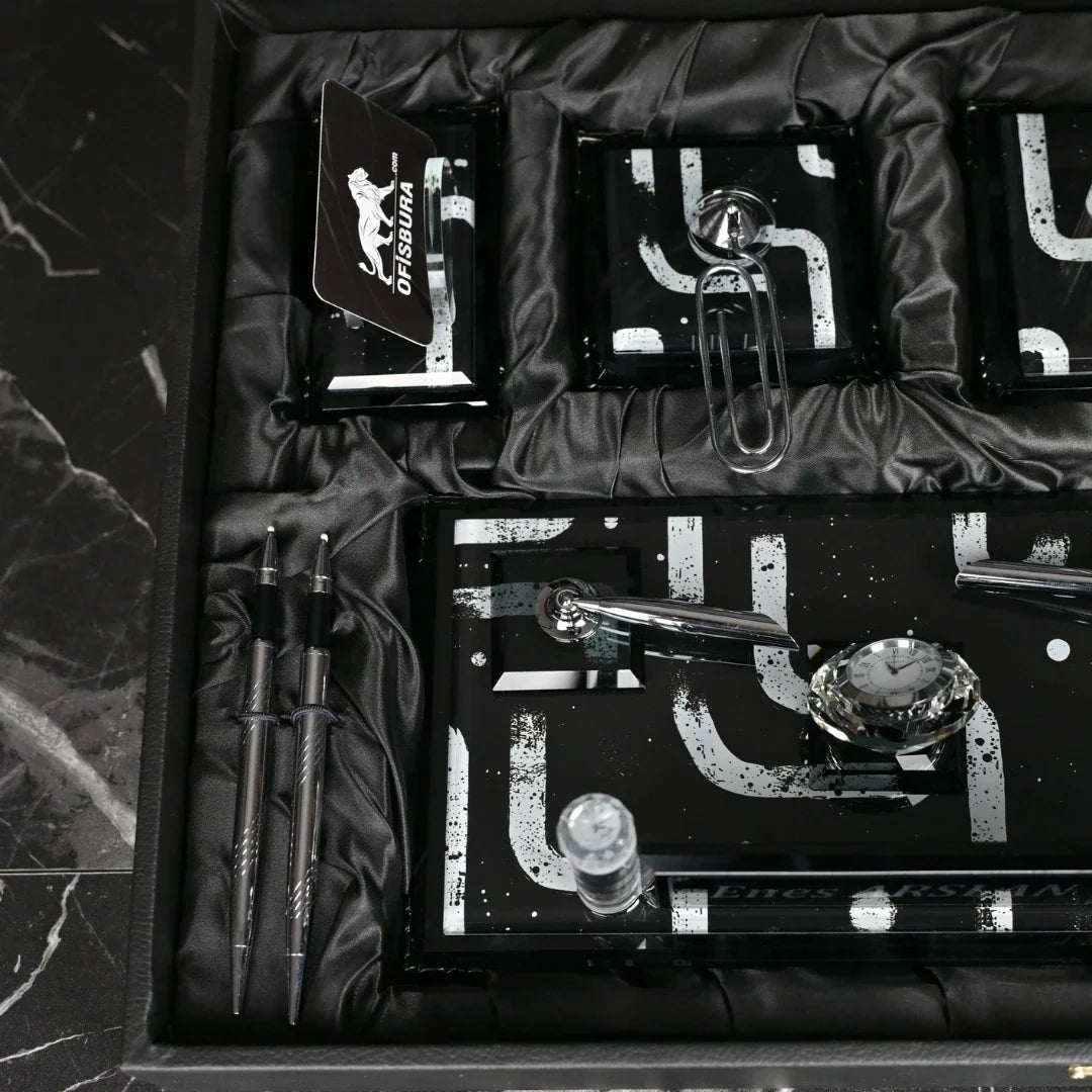 Piano Black | Gift-Boxed 6-Piece Crystal Desk Set & Nameplate Set