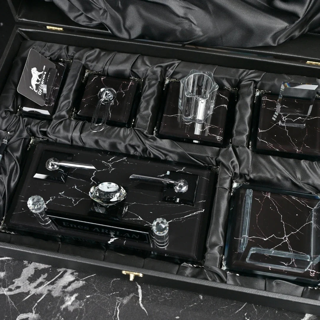 Zebra Black | Gift-Boxed 6-Piece Crystal Desk Set & Nameplate Set