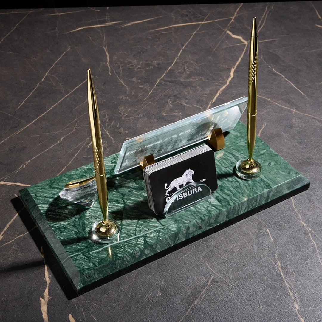Signature Emerald Marble Desktop Nameplate Set with Clock & Dual Pen Holder - Personalized Desk Nameplate