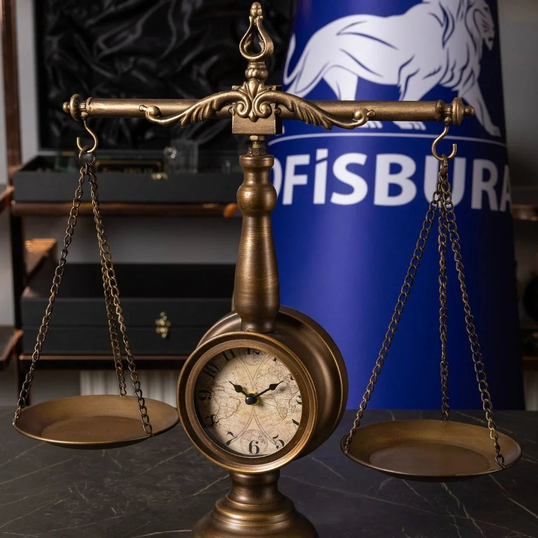 Antique Gold Metal Scales of Justice Clock | 50×50 cm