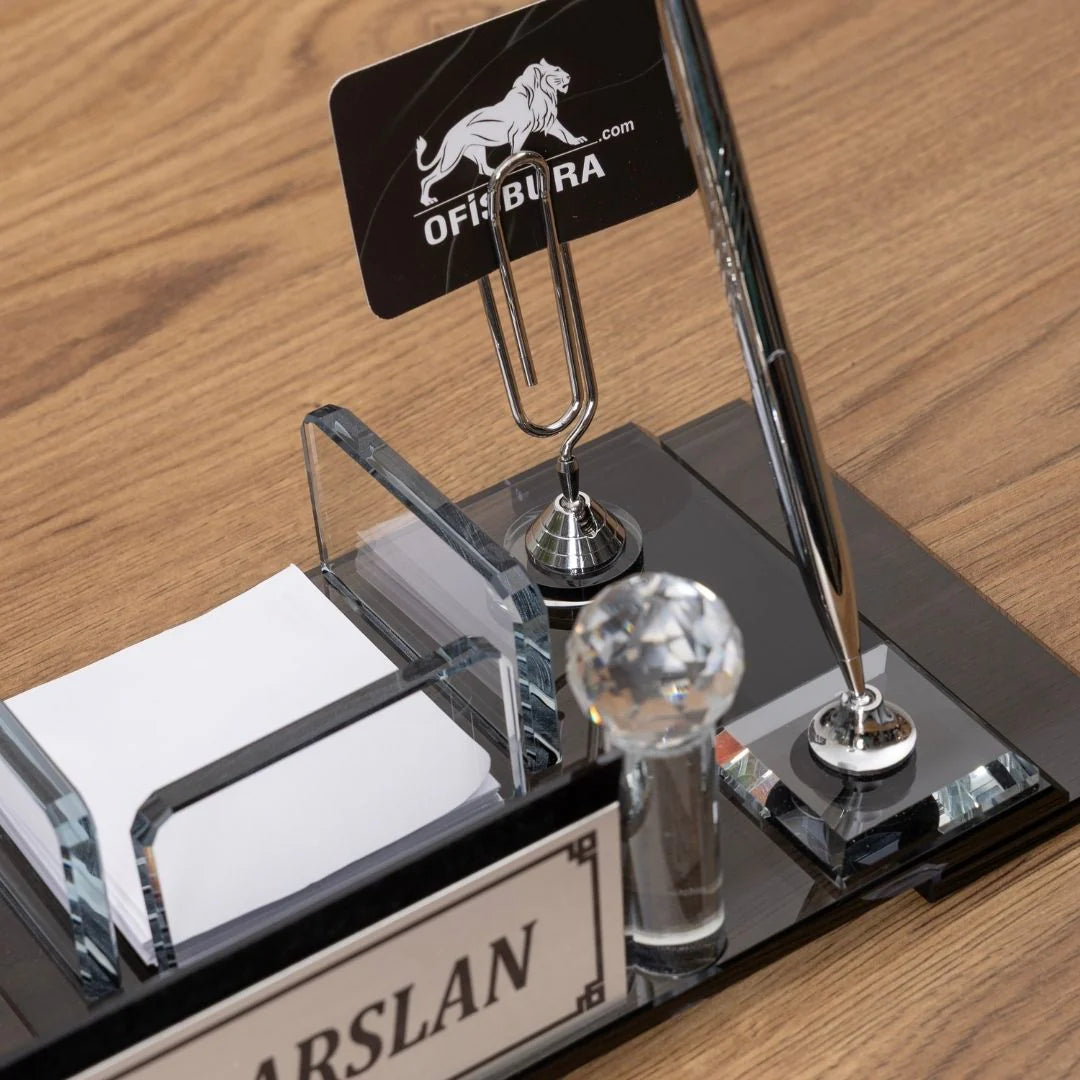 Silver-Detail Special Crystal Desk Nameplate Luxury Desk Set (40 x 20 cm)