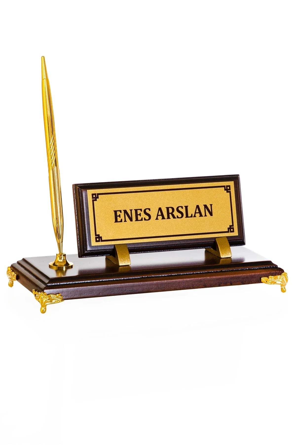 Gold-Base Wooden Desk Nameplate with Single Pen Holder