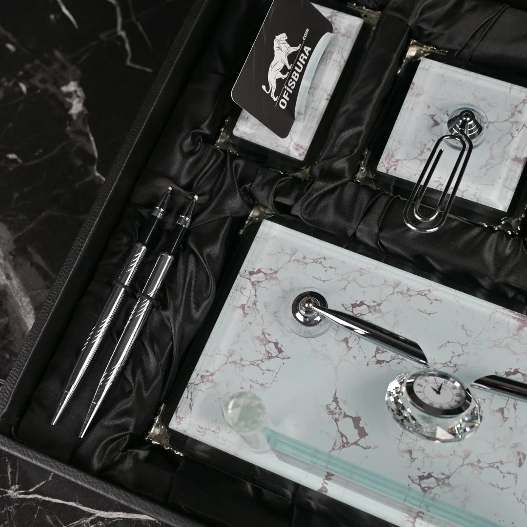 Pearl | Gift-Boxed 6-Piece Crystal Desk Set & Nameplate Set