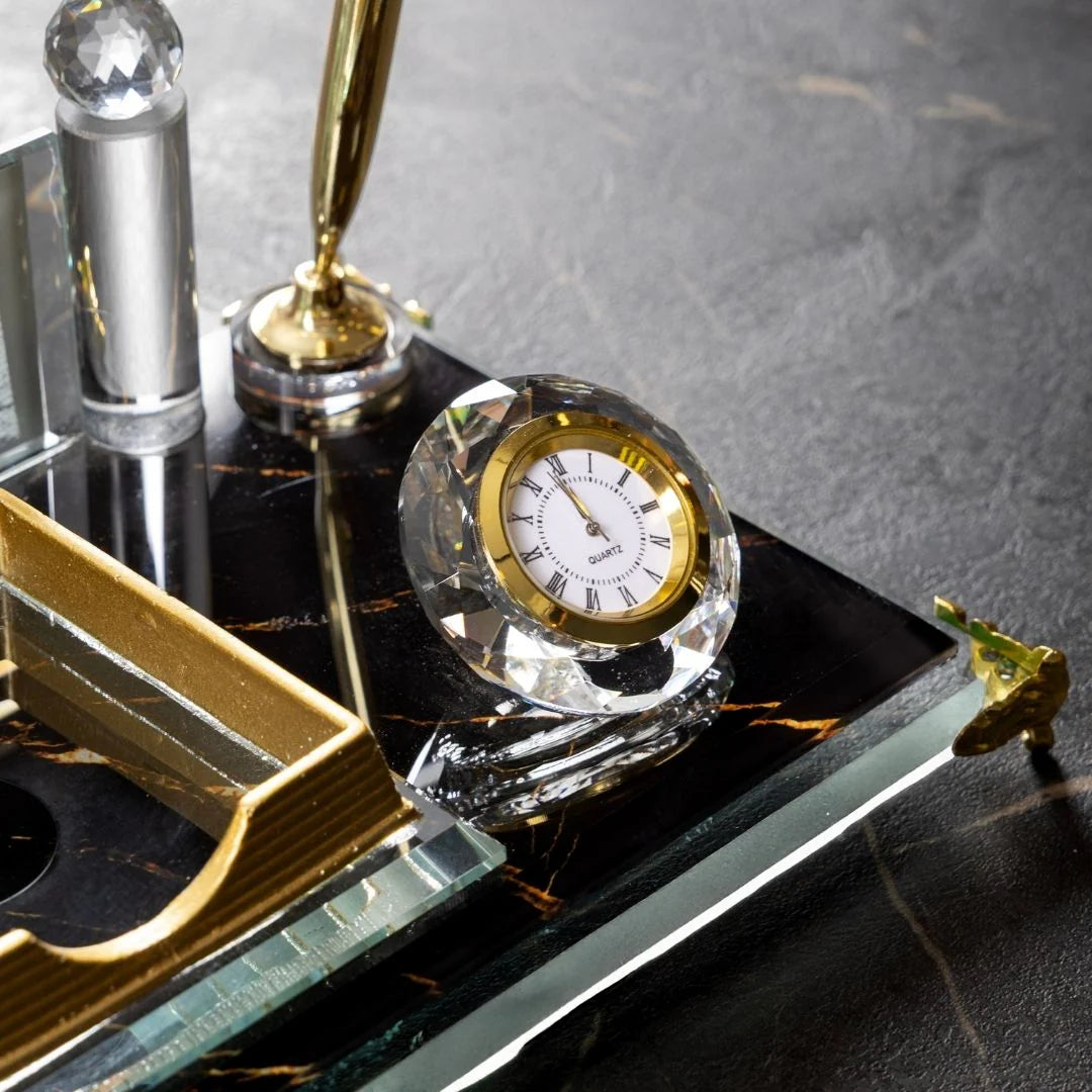 Marble-Pattern Gold Crystal Glass Desk Nameplate - Executive Office Nameplate with Clock & Dual Pen Holder