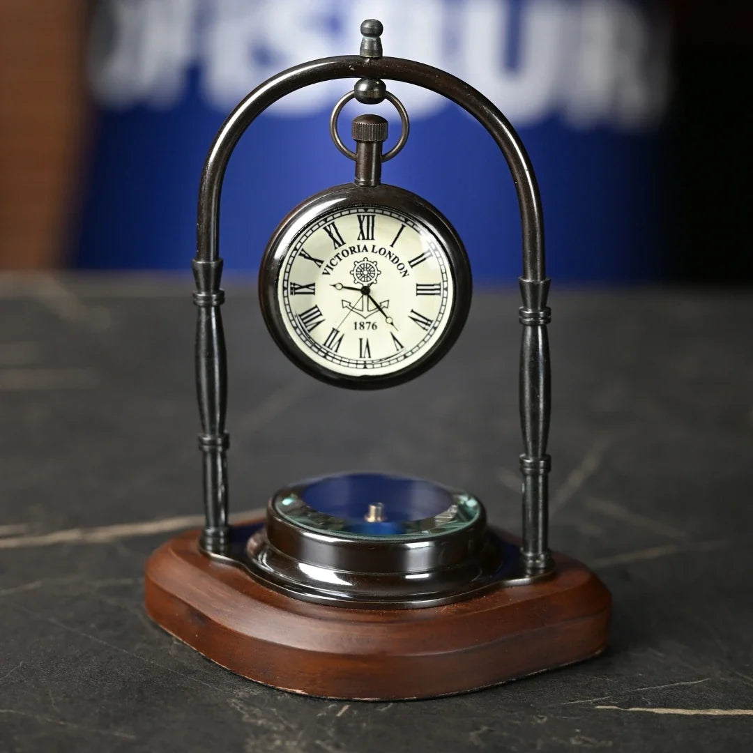 Vintage Desk Clock with Compass Detail