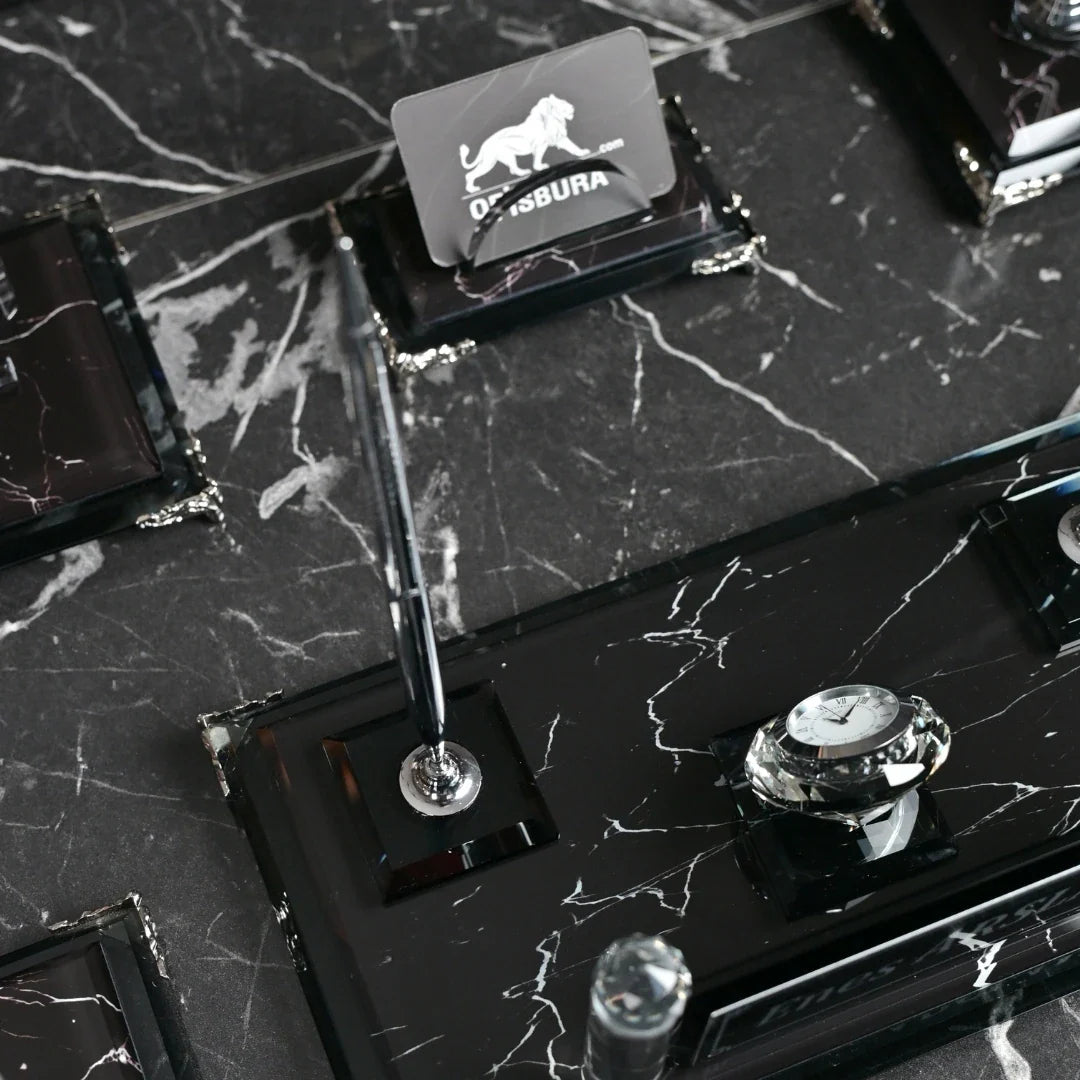 Zebra Black | Gift-Boxed 6-Piece Crystal Desk Set & Nameplate Set
