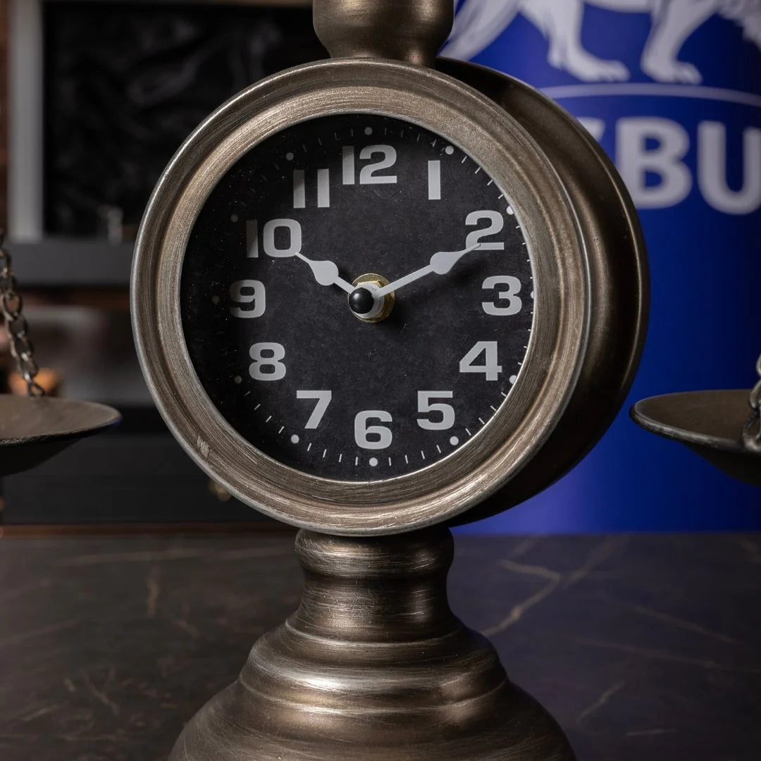 Antique Silver Metal Scales of Justice Clock | 50×50 cm