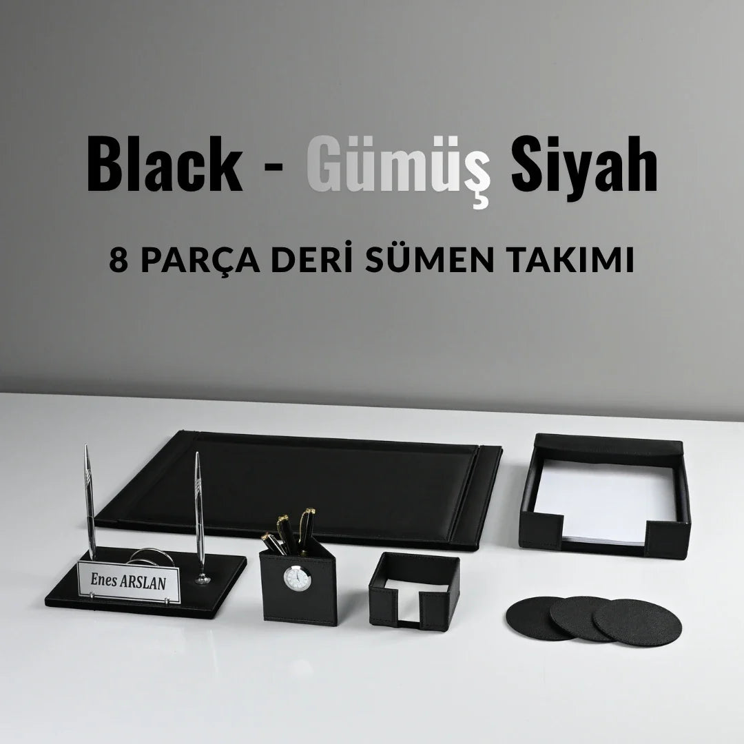 Black - Silver Black 8-Piece Leather Desk Set
