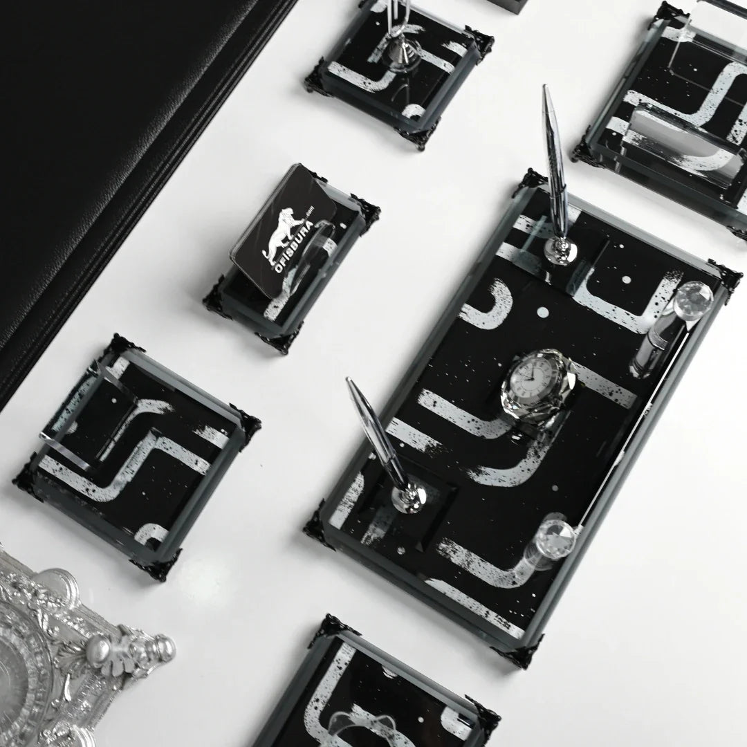 Piano Black | 20-Piece Premium Crystal Desk Set & Nameplate Set