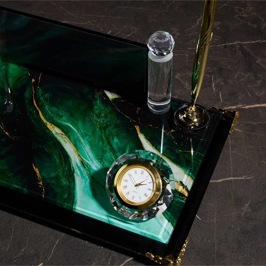 Emerald Green Crystal Desk Nameplate - Dual Pen Holder & Clock Office Set