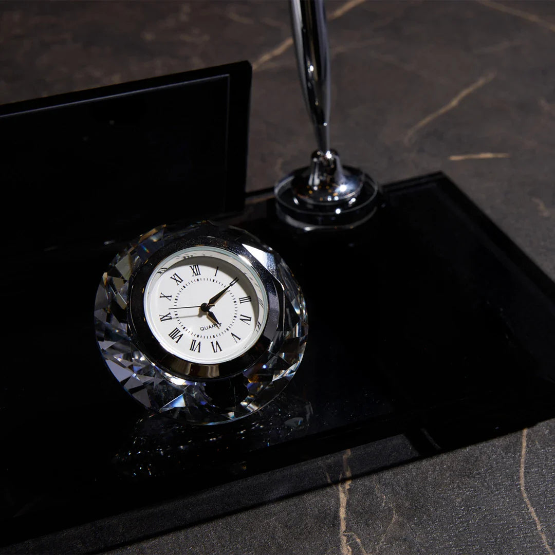 VIP Black Crystal Desk Nameplate - Luxury Office Nameplate with Dual Pen Holder & Clock