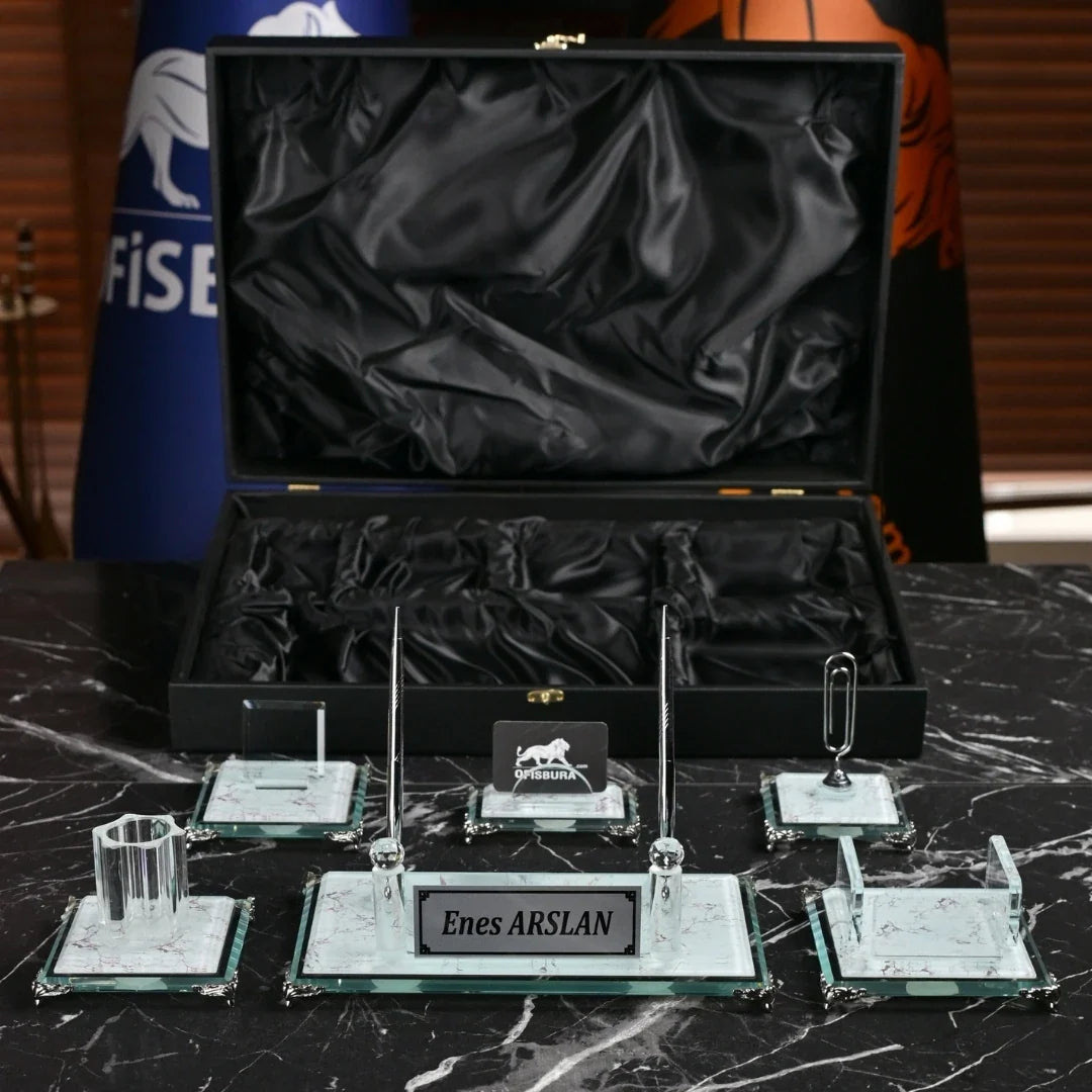 Pearl | Gift-Boxed 6-Piece Crystal Desk Set & Nameplate Set