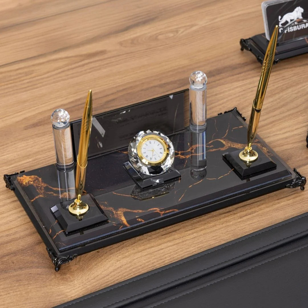 Negro | 9-Piece Crystal Desk Set & Nameplate Set