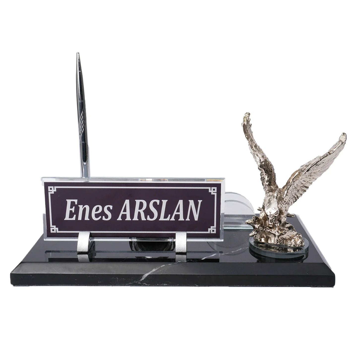 Marble Desk Nameplate with Winged Eagle Figure