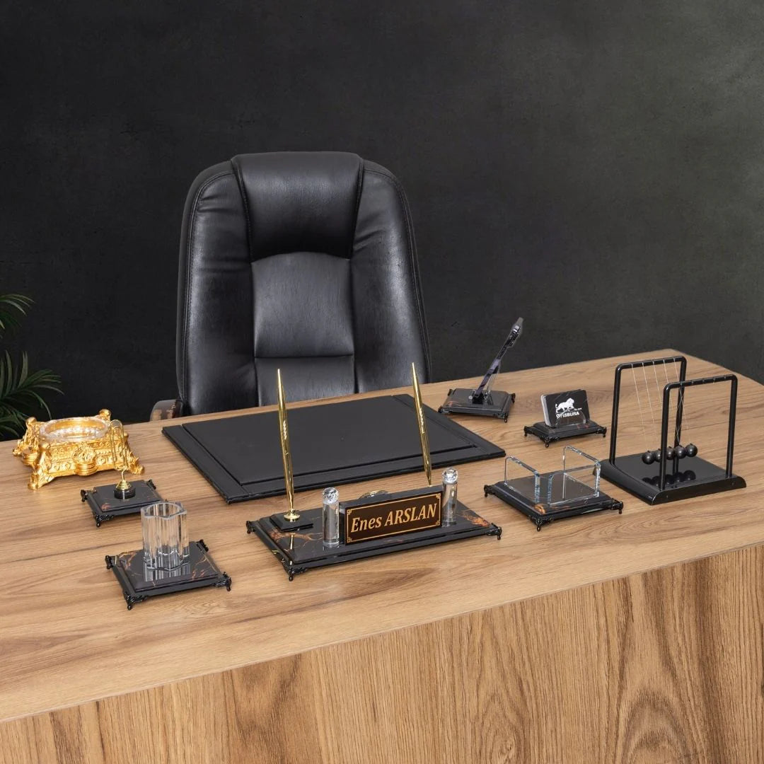Negro | 9-Piece Crystal Desk Set & Nameplate Set