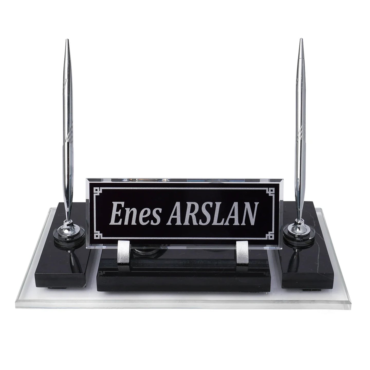 Ephesus Black Marble Desk Nameplate | Silver-Accent Luxury Set - 30 × 16 Cm
