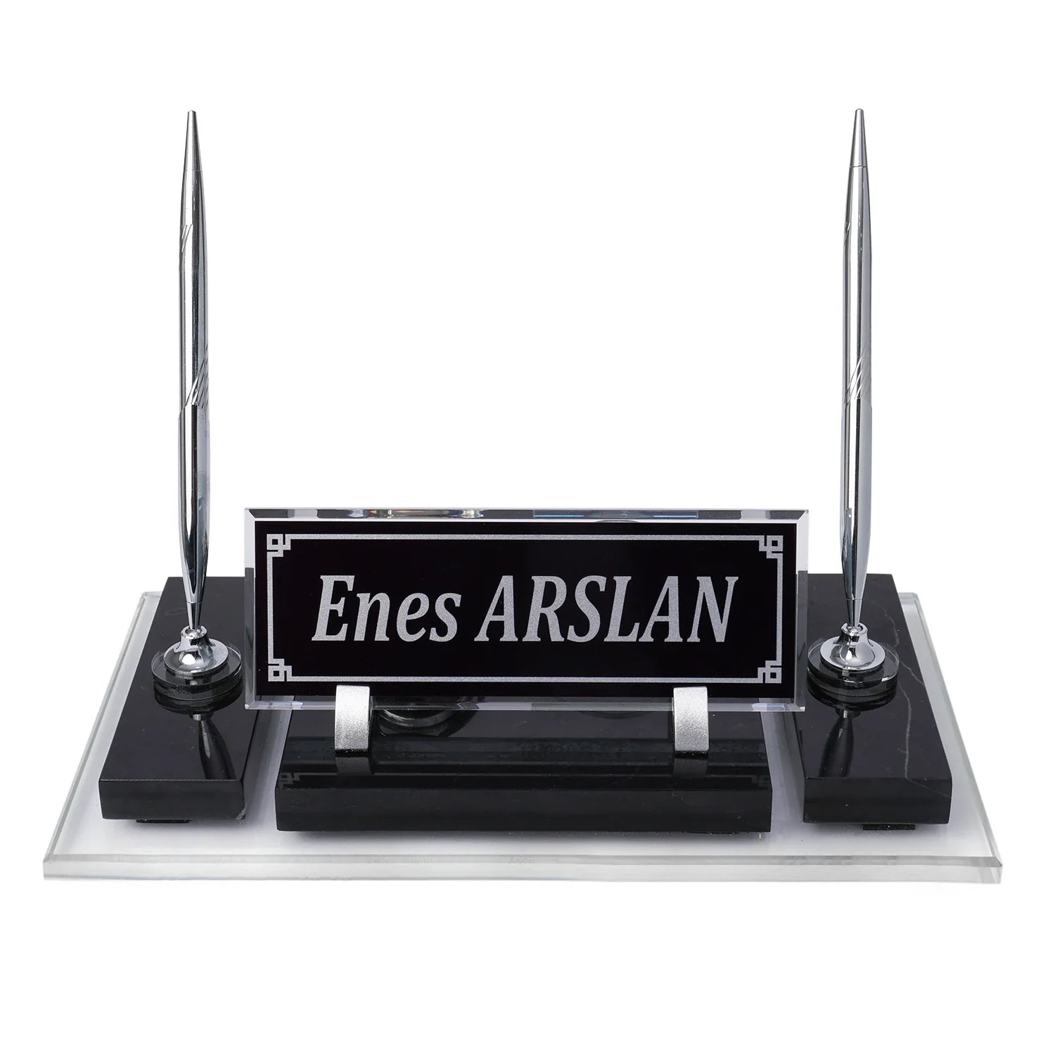 Ephesus Black Marble Desk Nameplate | Silver-Accent Luxury Set - 30 × 16 Cm