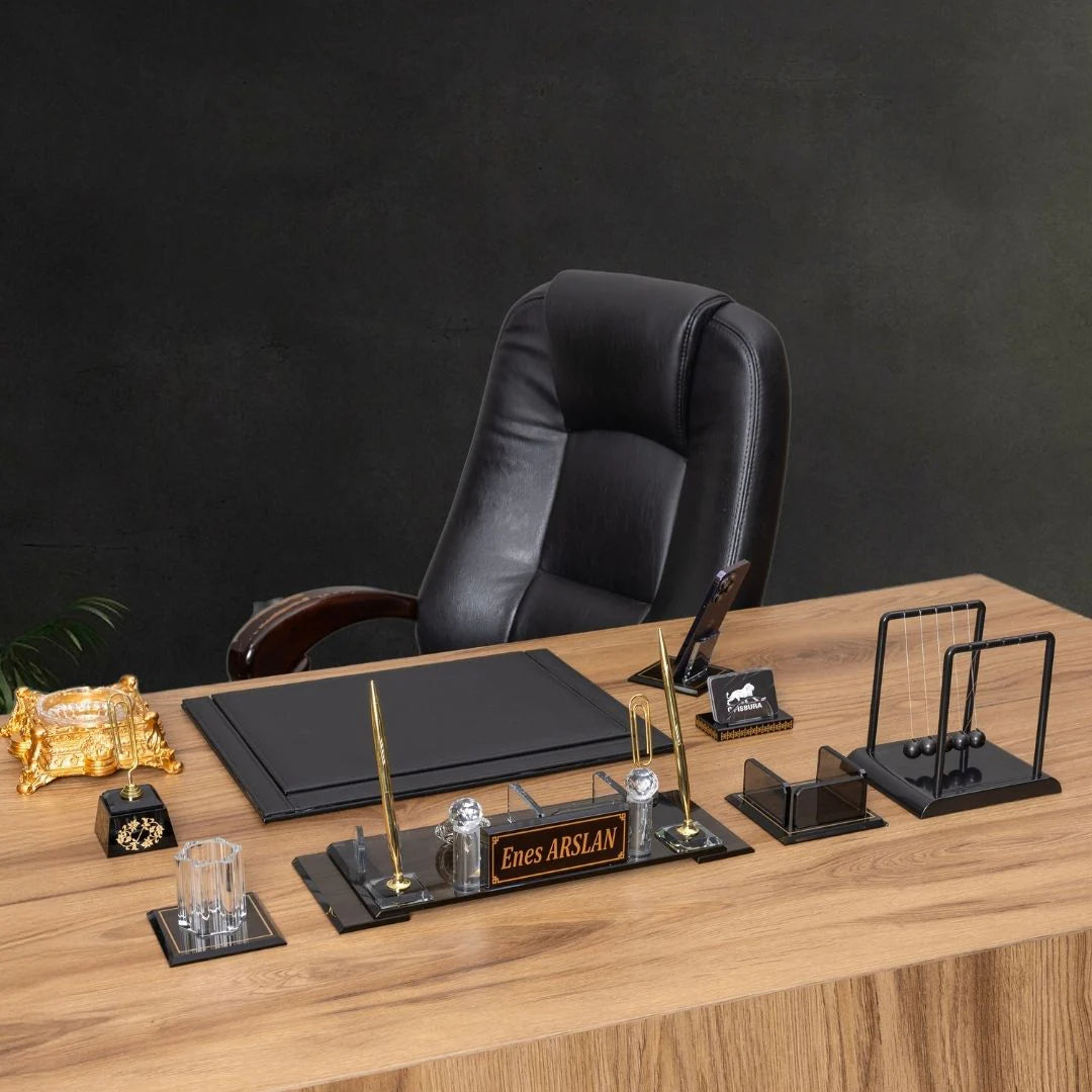 Special Crystal | 9-Piece Crystal Desk Set & Nameplate Set - Gold Accents