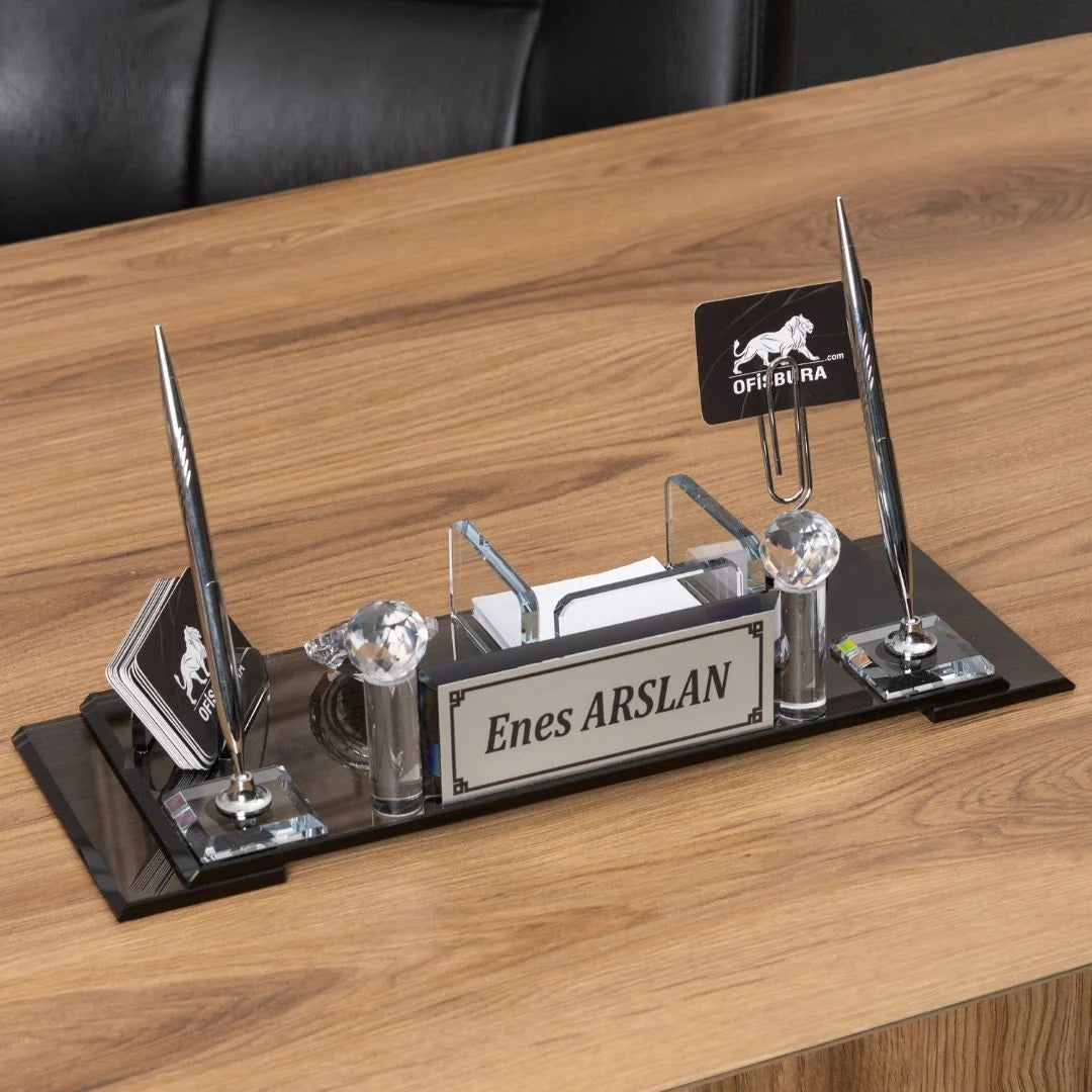 Special Crystal | 7-Piece Crystal Desk Set & Nameplate Set - Silver Accents