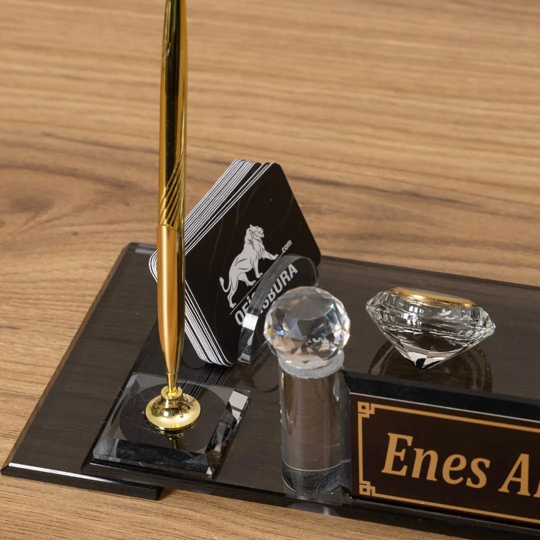 Gold-Detail Special Crystal Desk Nameplate Luxury Desk Set (40 x 20 cm)