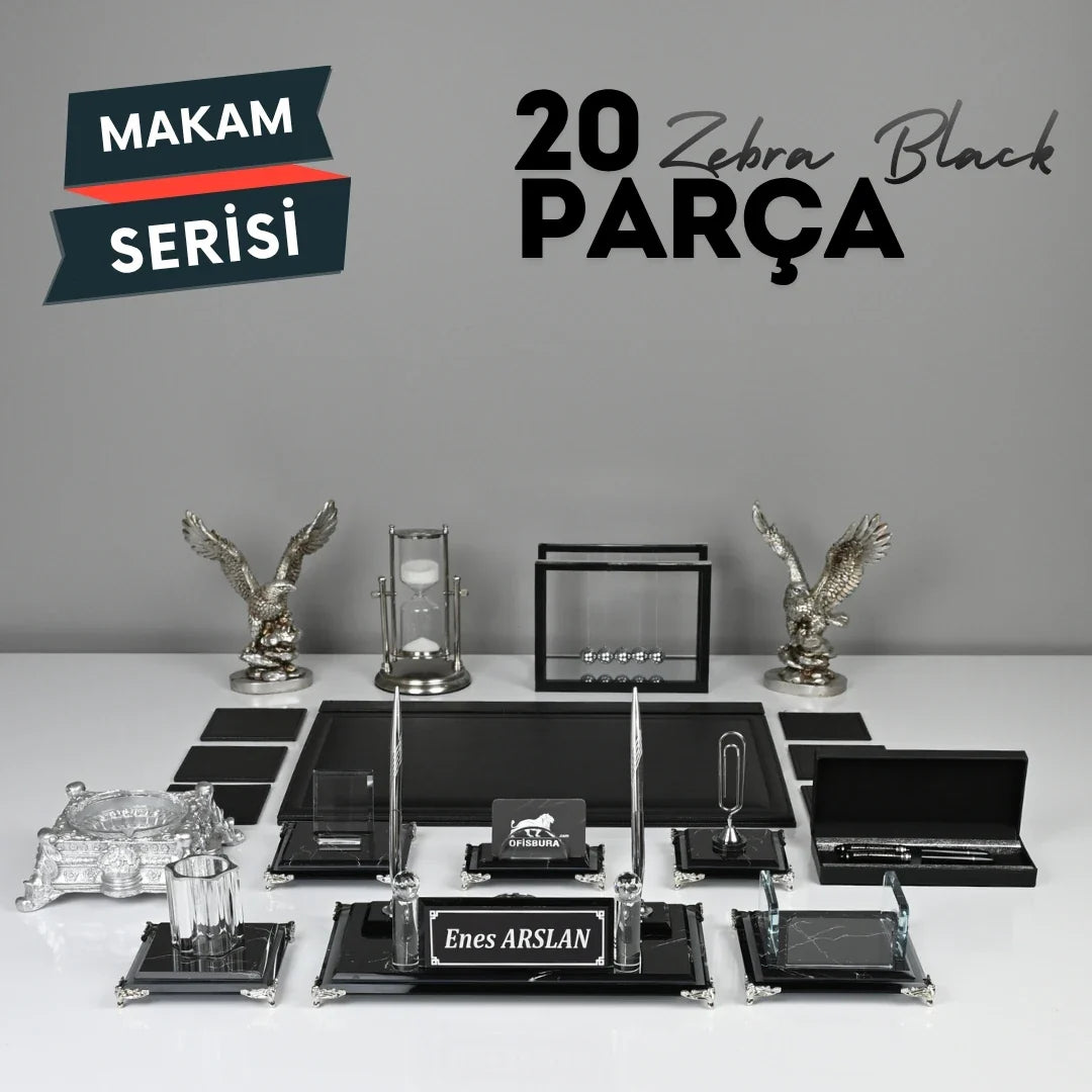 Zebra Black | 20-Piece Crystal Desk Set & Nameplate Set