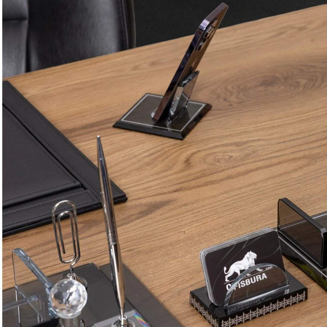 Special Crystal | 7-Piece Crystal Desk Set & Nameplate Set - Silver Accents