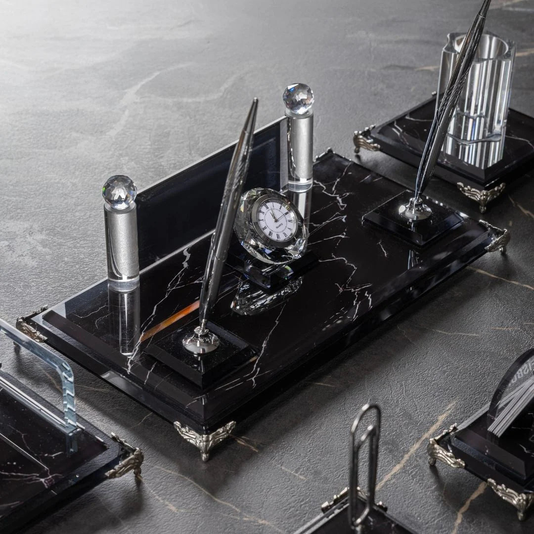 Zebra Black | 19-Piece Premium Crystal Desk Set & Nameplate Set