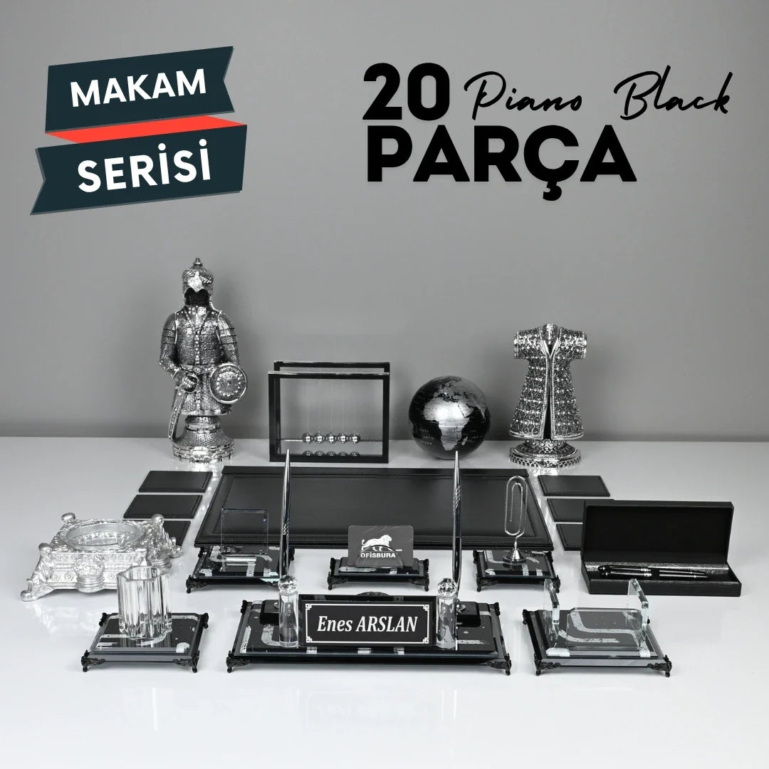 Piano Black | 20-Piece Premium Crystal Desk Set & Nameplate Set