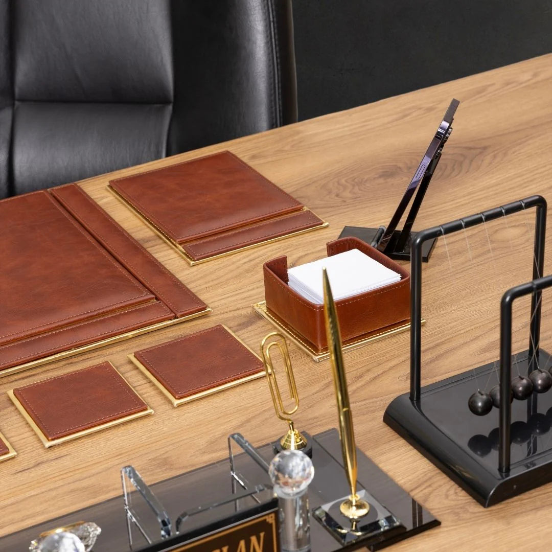 Tan & Gold Leather 14-Piece Premium Desk Set