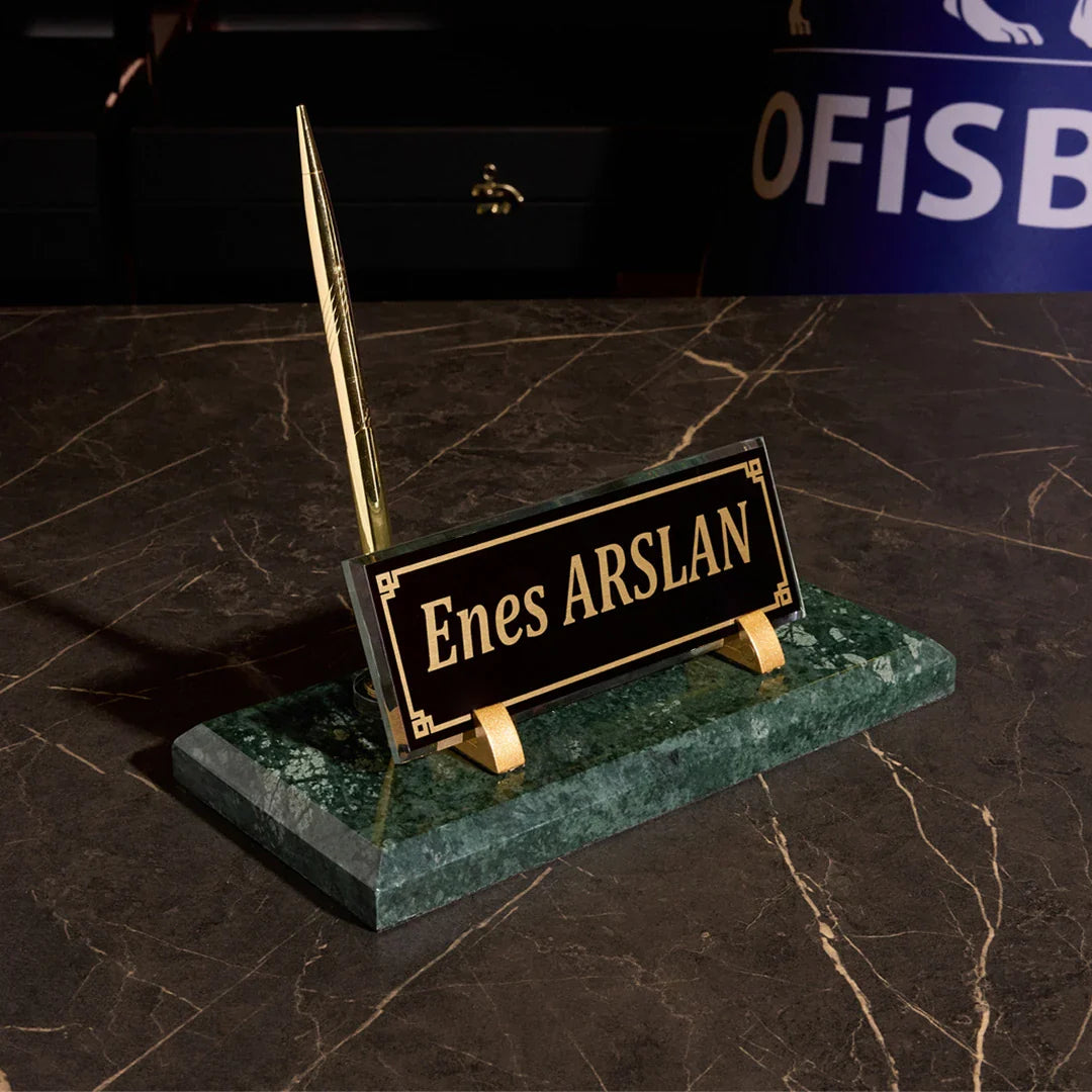 Emerald Green Marble Desk Nameplate - Office Set with Gold Pen Holder & Business Card Holder