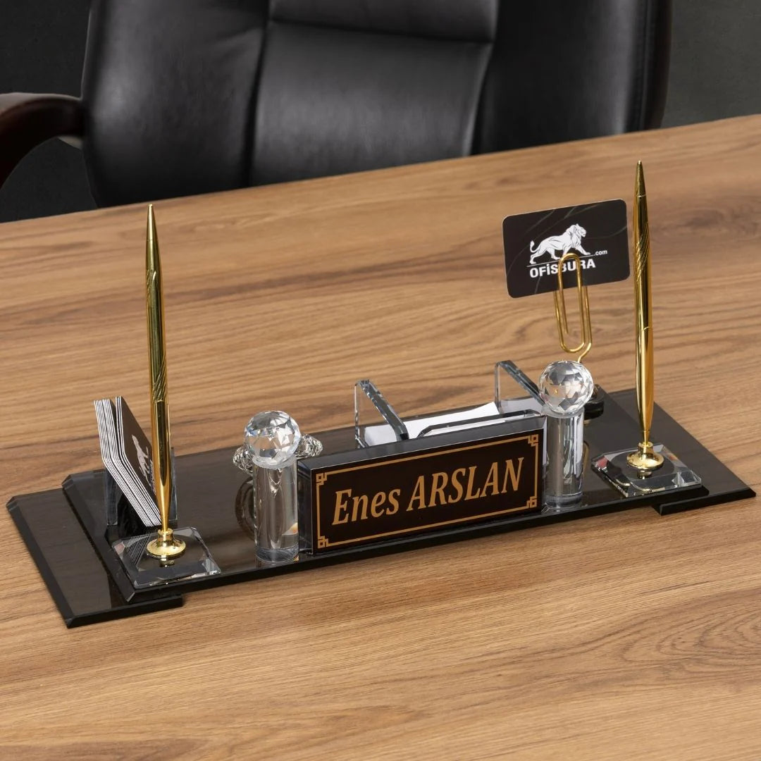 Special Crystal | 7-Piece Crystal Desk Set & Nameplate Set - Gold Accents
