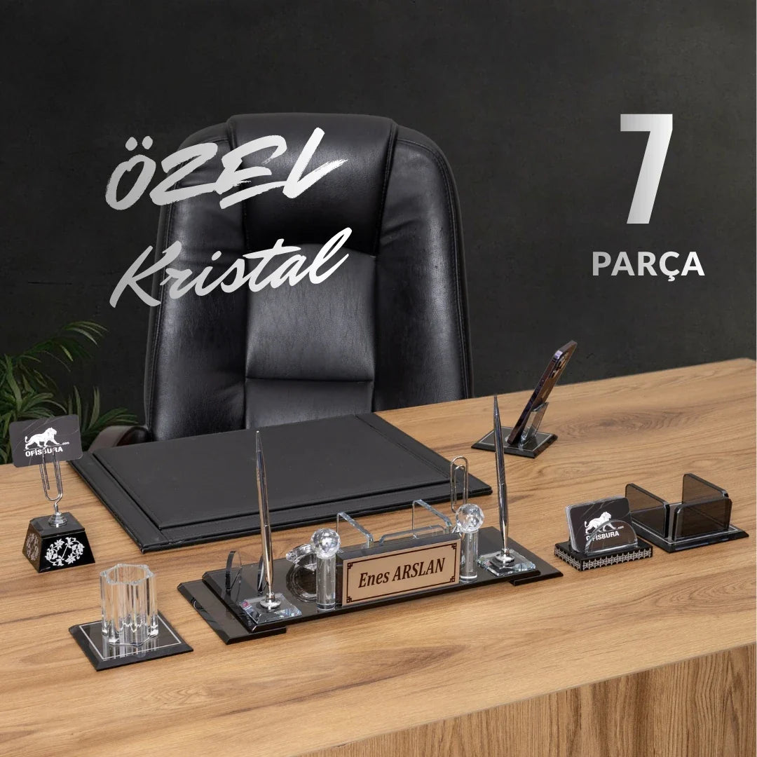 Special Crystal | 7-Piece Crystal Desk Set & Nameplate Set - Silver Accents