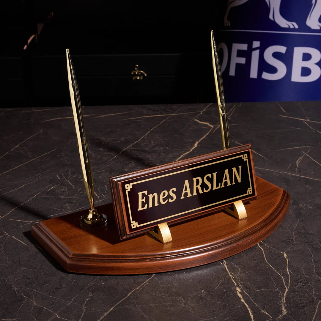 Wooden Desk Nameplate Desktop Set - Gold Detail