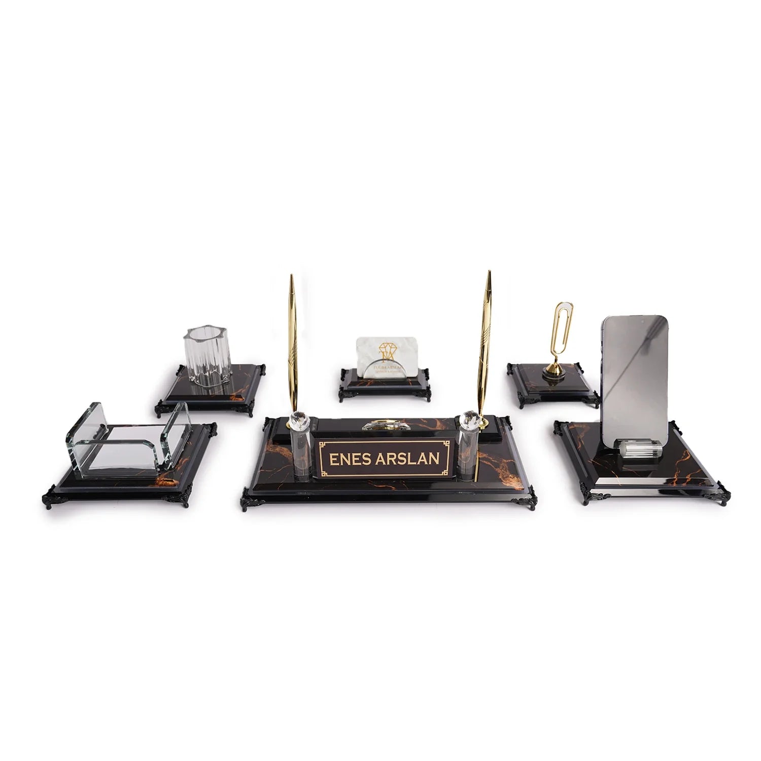 Negro | Gift-Boxed 6-Piece Crystal Desk Set & Nameplate Set
