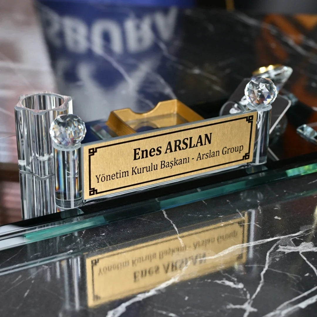 King Crystal Black Glass Desktop Nameplate - Office Nameplate Set (50 cm)