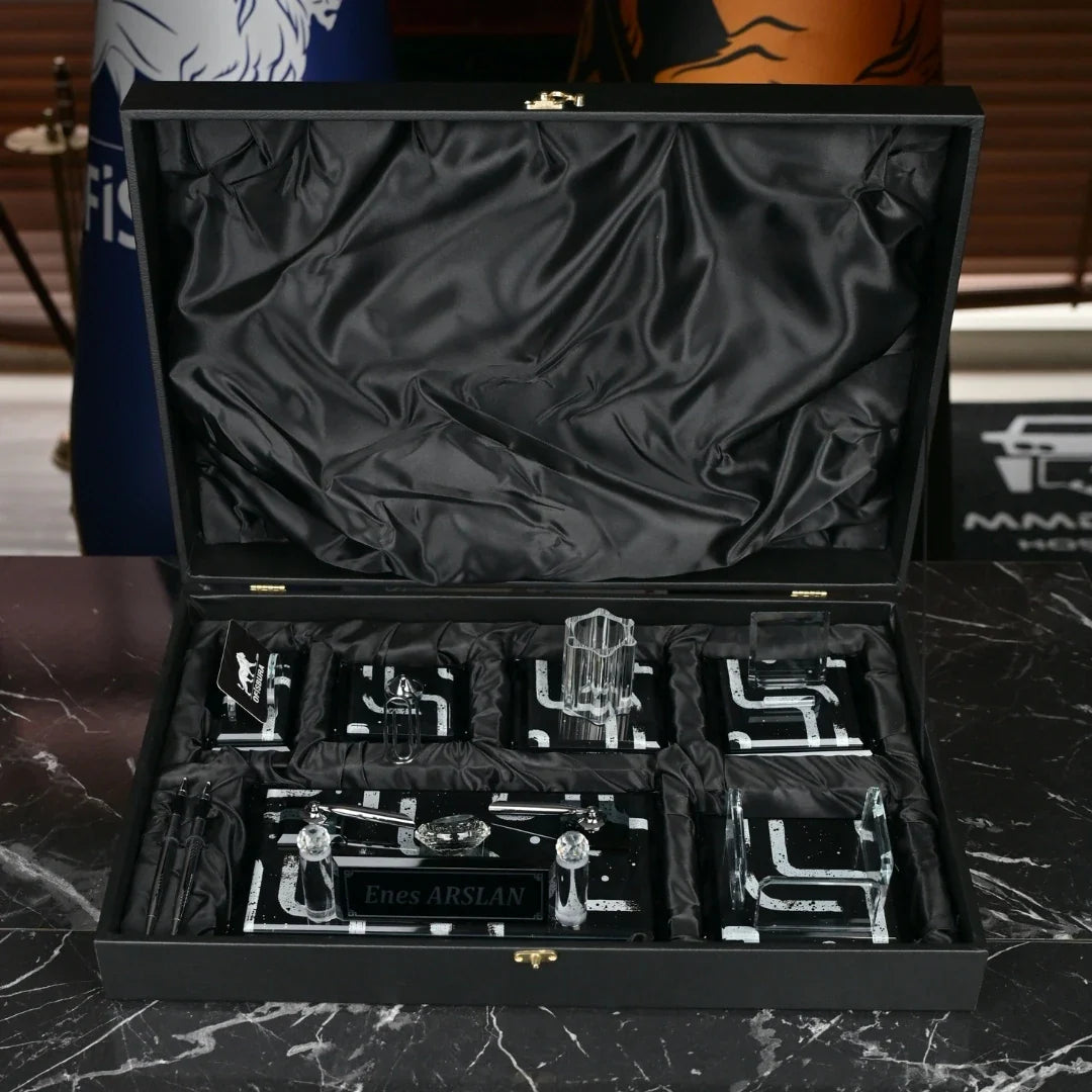 Piano Black | Gift-Boxed 6-Piece Crystal Desk Set & Nameplate Set