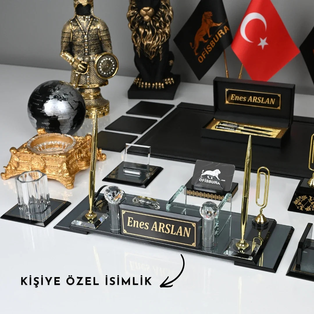 24-Piece Crystal Desk Set & Nameplate Set - Gold Accents