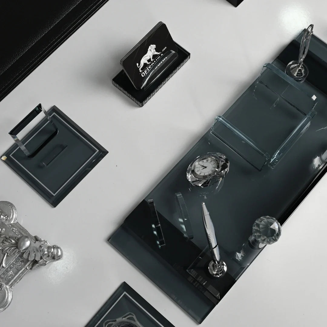 20-Piece Black Crystal Desk Set & Nameplate Set - Silver Details