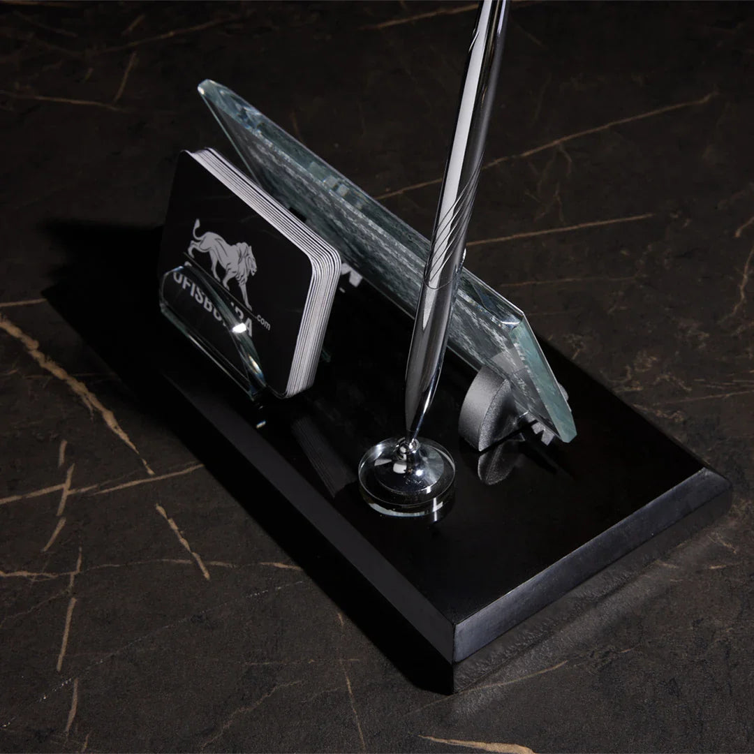 Black Marble Desktop Nameplate Set with Silver Pen Holder - Personalized Desk Nameplate