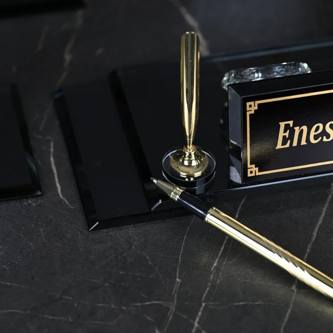 VIP 13-Piece Crystal Desk Set & Nameplate Set - Gold Accents