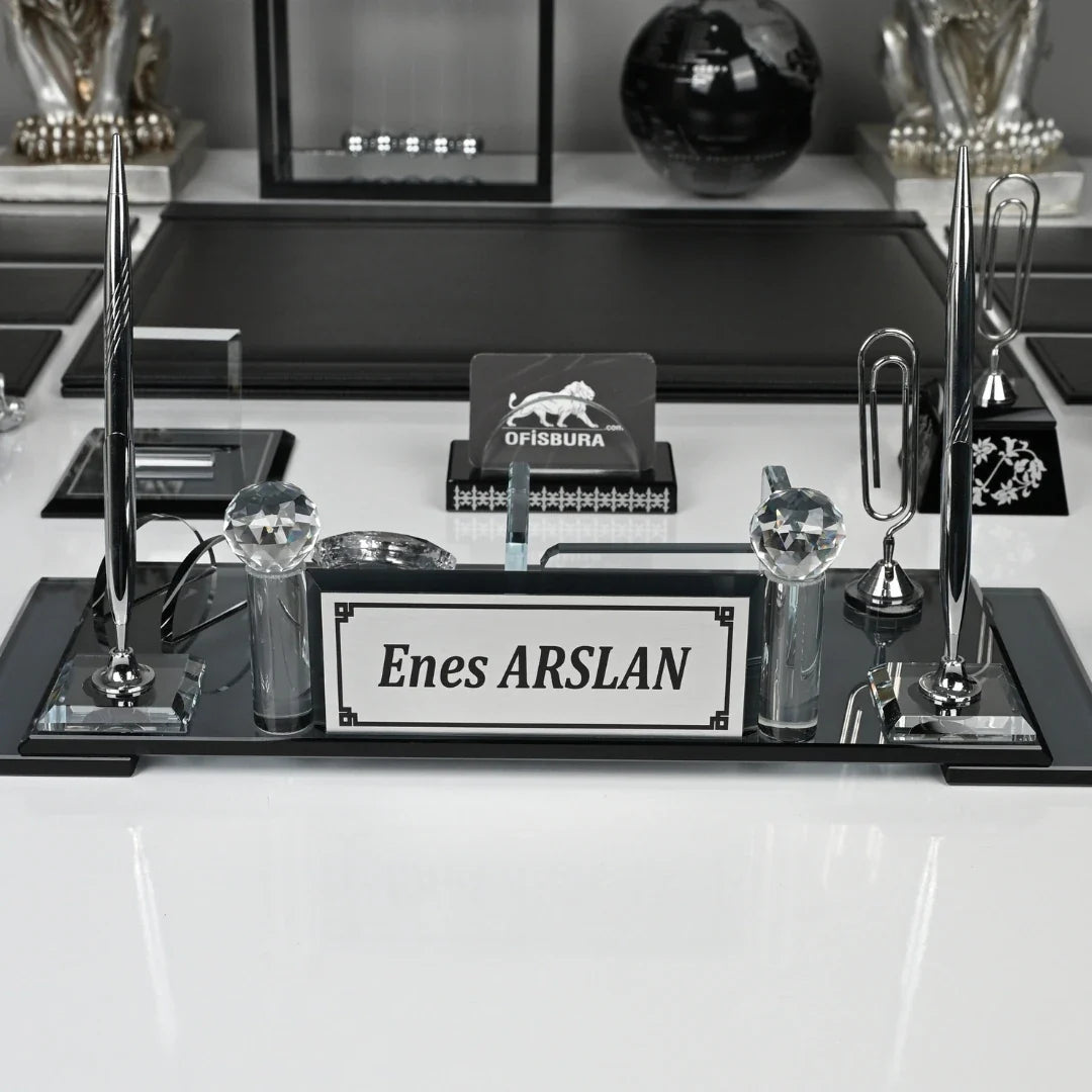 20-Piece Black Crystal Desk Set & Nameplate Set - Silver Details