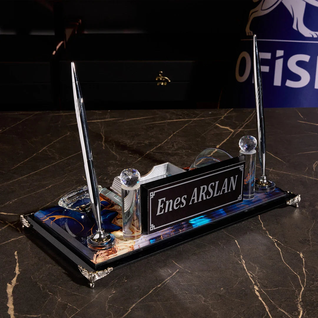 Sapphire Crystal Desktop Nameplate Set with Clock, Notepad Holder & Dual Pen Holder - Personalized Desk Nameplate