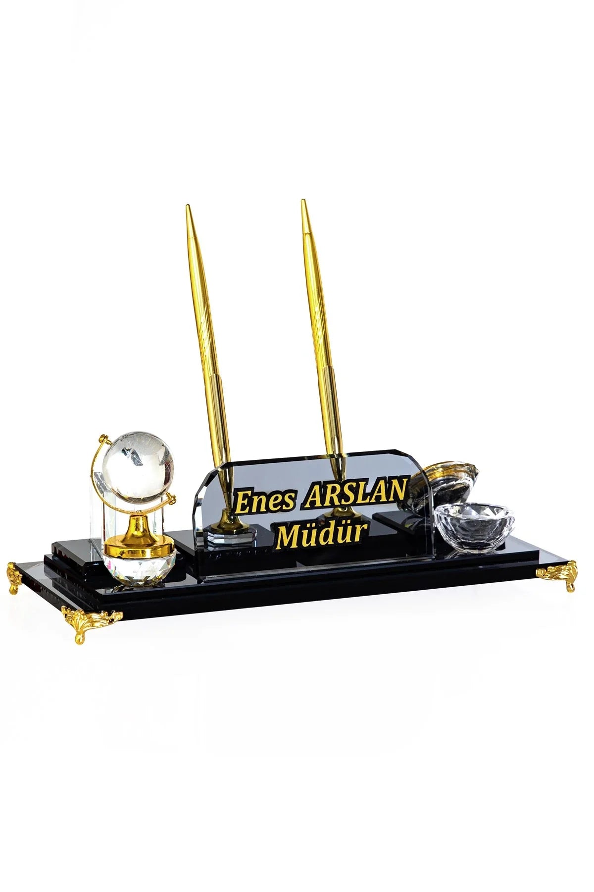 Global Crystal Desk Nameplate Desktop Set - Gold Base